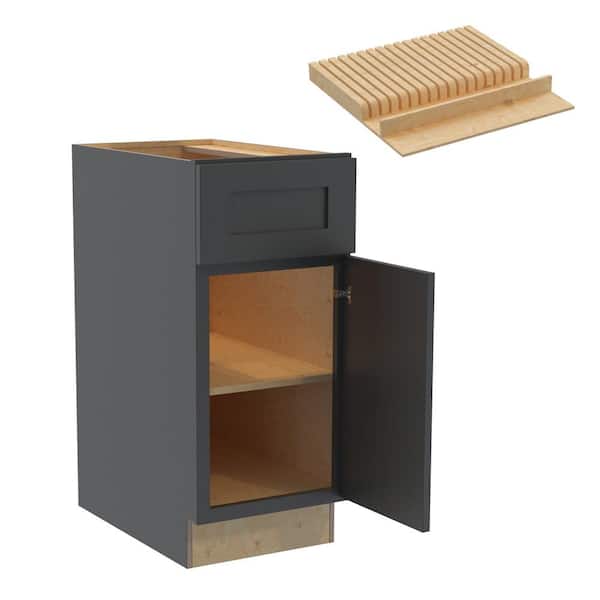 Home Decorators Collection Newport 15 in. W x 24 in. D x 34.5 in. H Assembled Plywood Base Kitchen Cabinet in Deep Onyx with Knife Block RH
