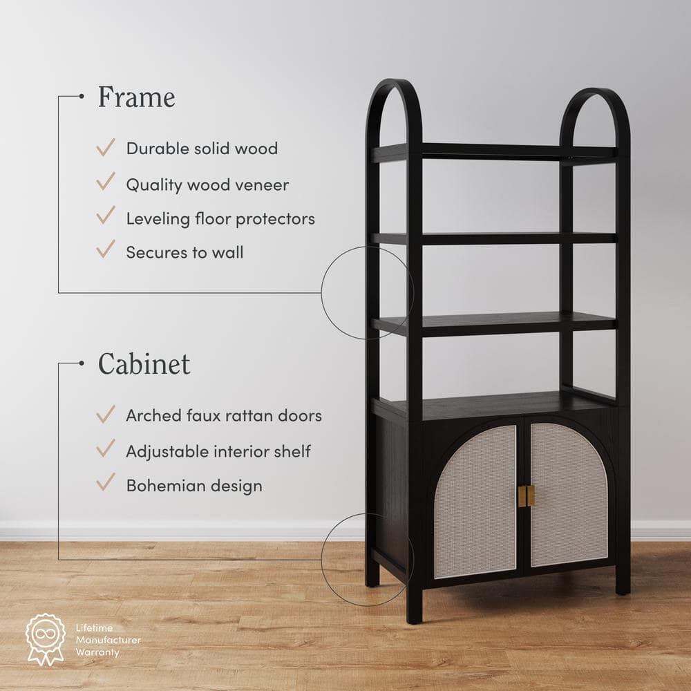 Black Oak 3-Shelf Bookshelf Cabinet with Faux Rattan Doors