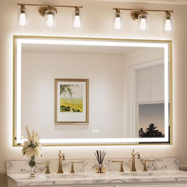 55 in. W x 36 in. H Rectangular Framed LED Lighted Bathroom Vanity Mirror with Light in Gold with Backlit and Anti-Fog