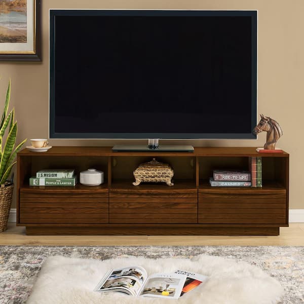 Walnut 63 in. Mid-Century Modern TV Stand, Farmhouse Entertainment Center with Solid Wood Drawers (Max TV Size 75 in.)