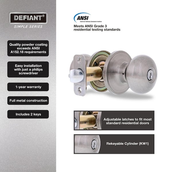Defiant Round Satin Nickel Keyed Entry Door Knob TFX200B - The