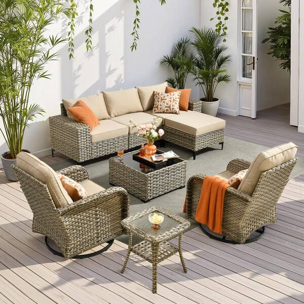 8-Piece Gray Wicker Outdoor Patio Conversation Seating Sofa Set with Beige Cushion and Swivel Chairs for Backyard