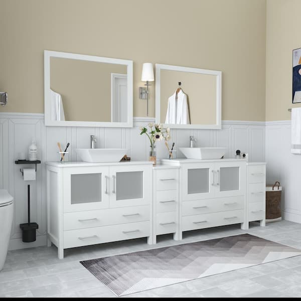 Ravenna 96 in. W Bathroom Vanity in White with Double Basin in White Engineered Marble Top and Mirrors