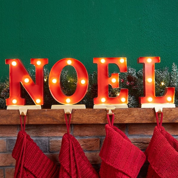 Glitzhome 8 5 In H Metal Noel Christmas Stocking Holder With Led Set Of 4 2005000046 - Stocking Holder Decorative Box Home Depot