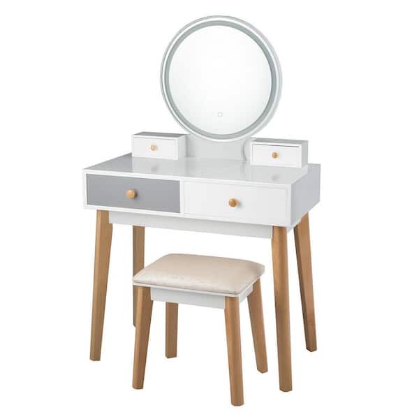 Gymax 52.5 in. H x 31.5 in. W x 15.5 in. D Makeup Dressing Vanity Table Set w/ Touch Screen Dimming Mirror Stool White