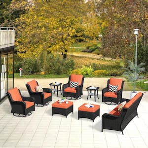 Janus Brown 9-Piece Wicker Patio Conversation Seating Set with Orange Red Cushions and Swivel Chairs