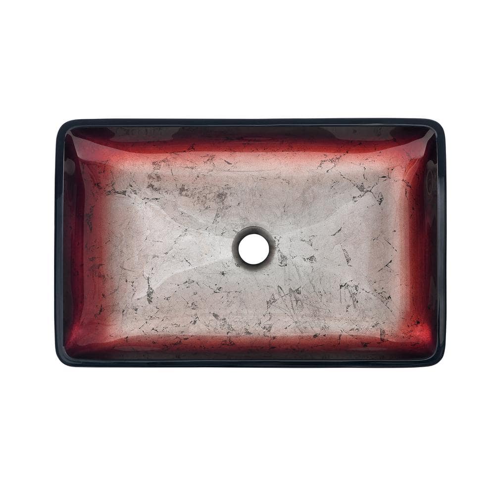 Ember Red Rectangular Glass Vessel Sink with Waterfall Faucet