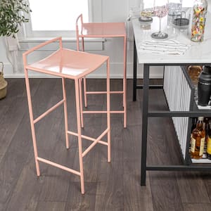 Svelte 30 in. Coastal Contemporary Metal Saddle-Seat Low-Back Bar Stool with Foot Rest, Pink Frame