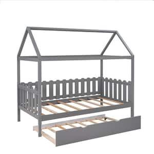 Gray Twin Size House Bed with Trundle and Fence-shaped Guardrail