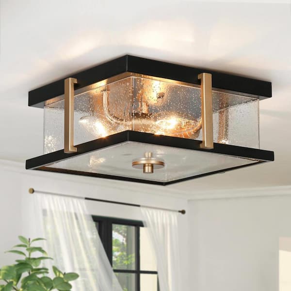 Zevni 12 in. 3-Light Black Flush Mount Light with Square Seeded Glass Panels, Modern Dark Gold Ceiling Light