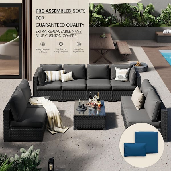 Hav Rattan 9p Stabenton 9-Piece Wicker Rattan Outdoor Patio Conversation Sectional ...