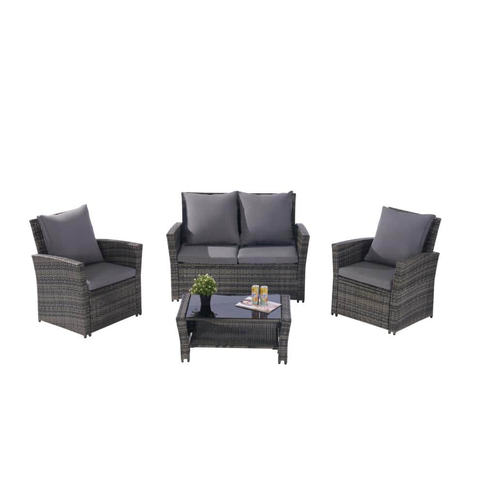4-Piece Wicker Patio Conversation Set with Thick Dark Gray Cushion and Temp
