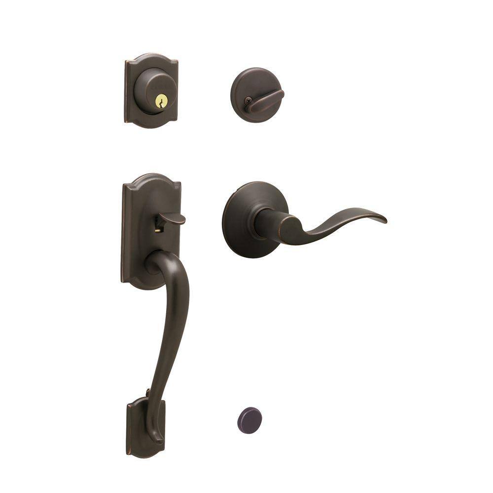 Schlage Camelot Single Cylinder Aged Bronze Door Handleset With Accent Interior Lever F360 Cam 0441