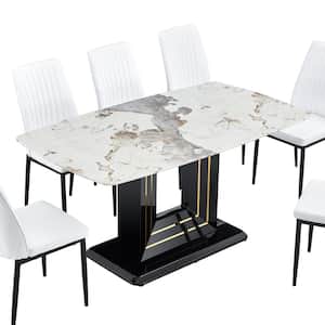 7-Piece Rectangle White Faux Marble Top Dining Table Set Seats 6-8 with U-Shaped Base, 6 White Upholstered Chairs