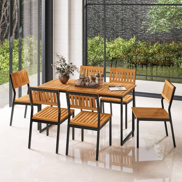 Set of 2 Metal and Acacia Wood Frame Patio Dining Chair withBreathable Curved Backrest and Seat