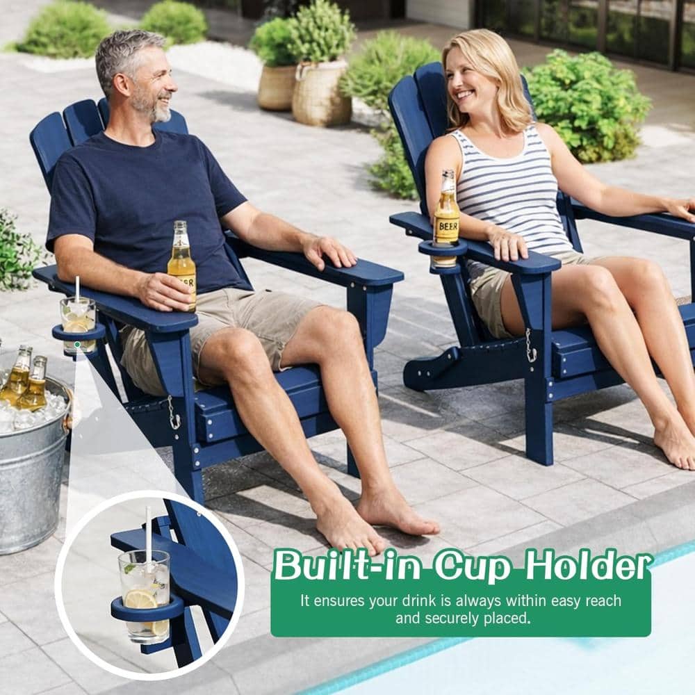 Man and woman relaxing in blue HDPE folding Adirondack chairs by a pool.