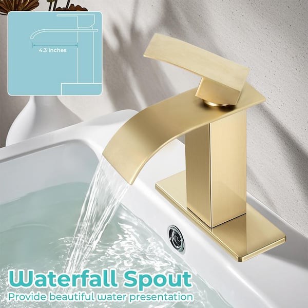 Waterfall Spout Single Handle Single Hole Bathroom Faucet with Deckplate and Pop-up Drain in Brushed Gold