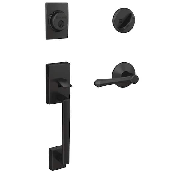 Schlage Custom Century Matte Black Single Cylinder Door Handleset with Dempsey Door Handle and Kinsler Trim