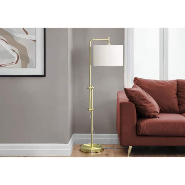 63 in. H Gold Tall Arc Brass Metal Floor Lamp with Ivory Fabric Drum Shade