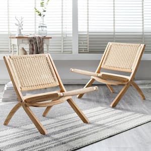 22.8 in Almond Wide Mid-Century Folding Wood Accent Chair Boho Modern Lounge Chair with Solid Wood Frame Indoor Set of 2
