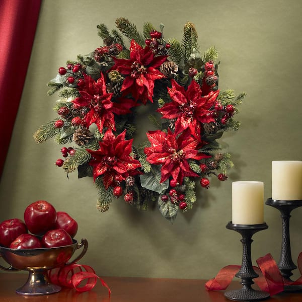 24 in. Artificial Wreath with Poinsettias and Berries