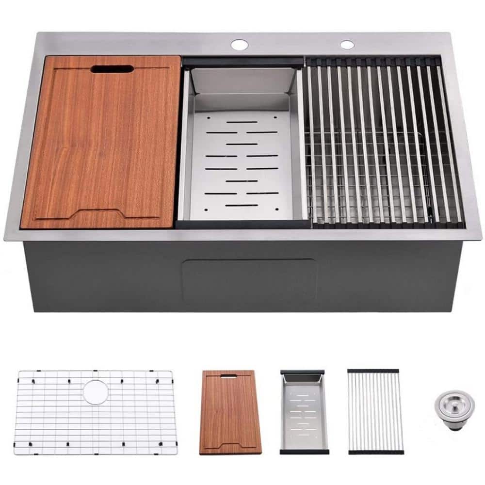 33 in. Drop-In Single Bowl 16-Gauge Stainless Steel Kitchen Sink with Inter