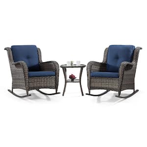 3-Piece Wicker Outdoor Rocking Chair Set of 2 and Matching Side Table with Premium Blue Fabric Cushions