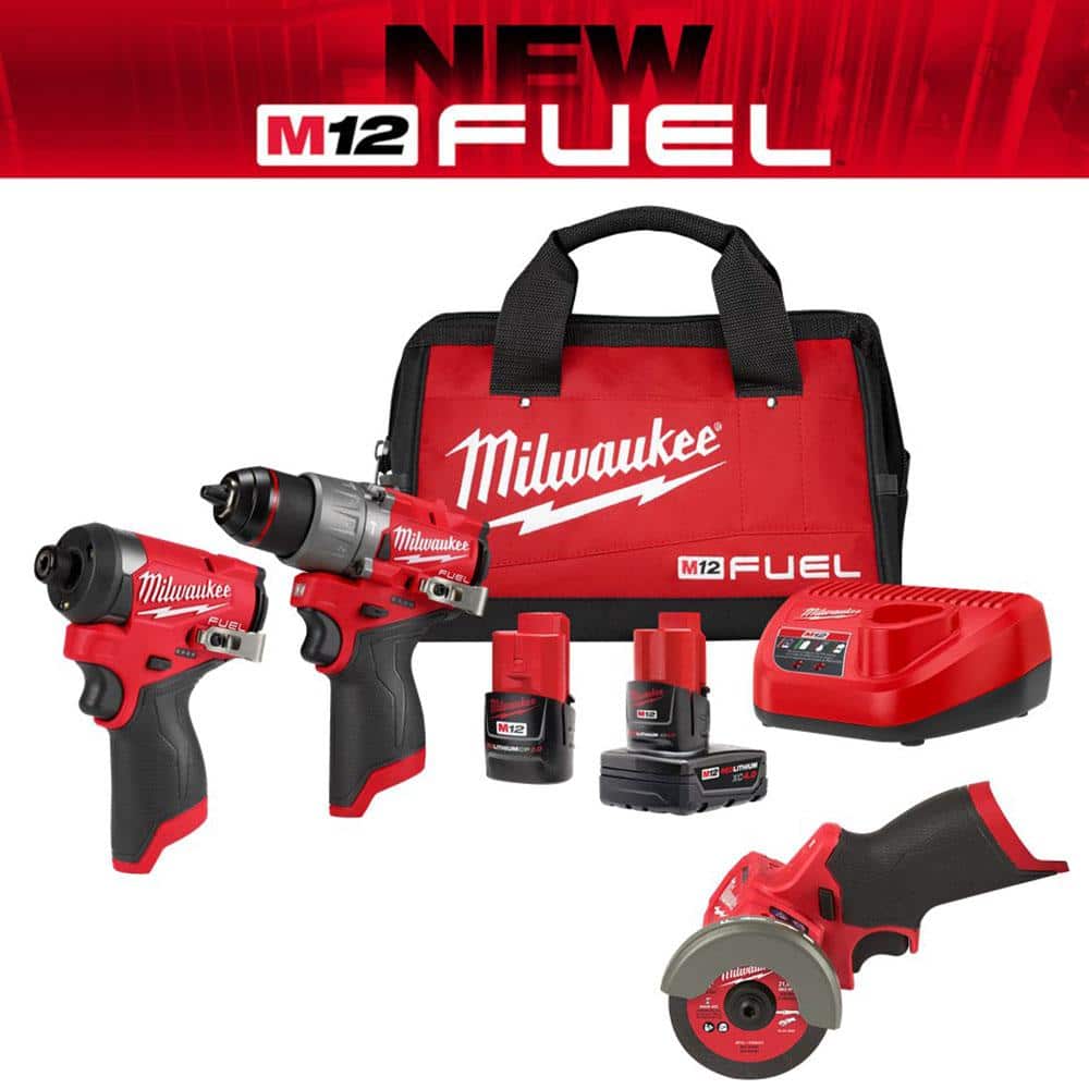 Milwaukee M12 FUEL 12-Volt Lithium-Ion Brushless Cordless Hammer Drill and Impact Driver Combo Kit (2-Tool) with Cut Off Saw -  3497-22-2522