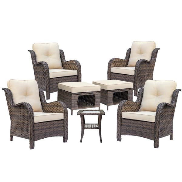 Brown 8-Piece Wicker Patio Furniture Set Outdoor Lounge Chairs Ottomans and Side Table with Beige Cushions