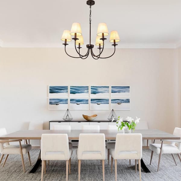 Orchid 6-Light Matte Black Modern Farmhouse Chandelier with Fabric Shade, Adjustable height for Living Room, Dining