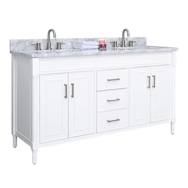 Bristol 61 in. Double Sink White Bath Vanity with Carrara White Marble Top