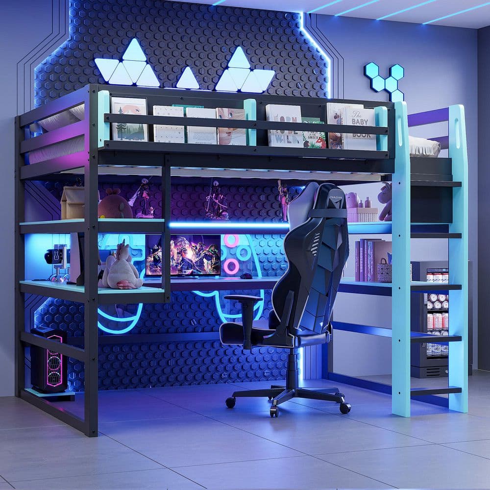 Cloud Blue Twin Wood Loft Bed with Desk, USB Charging Ports, RGB LED Light, Shelves and Side Storage Rack price history on PriceWatchPro