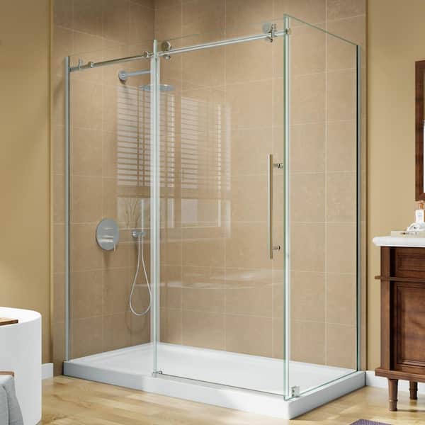 60 in. W x 72 in. H Sliding Corner Shower Enclosure in Brushed Nickel with Clear Glass