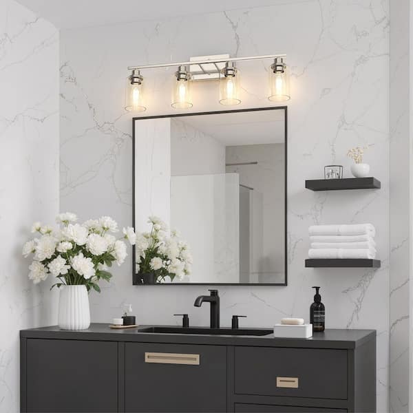 32 in. 4 Light Brushed Nickel Vanity Light with Clear Glass Cylinder Shades for Bathroom or Dressing Area
