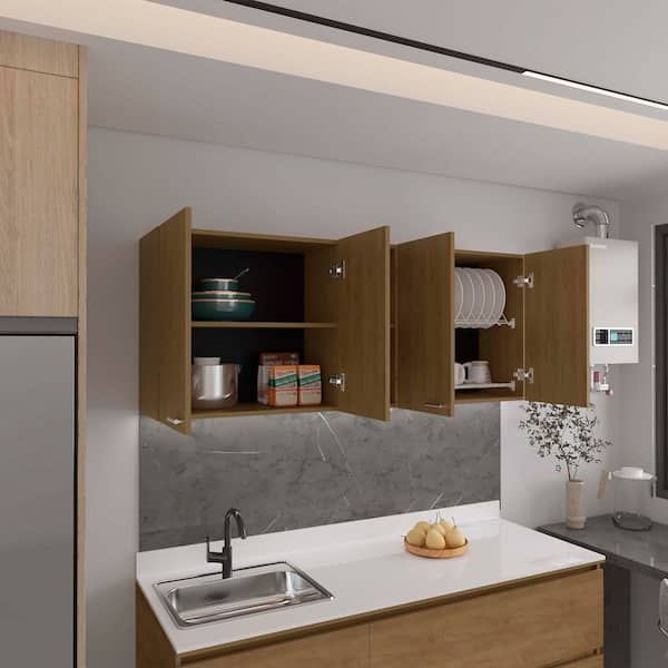 Unbranded 59 in. W x 12 in. D x 23 in. H Wood 4-Door Ready to Assemble Wall Kitchen Cabinet Floating Storage Cabinet in NaturalOak