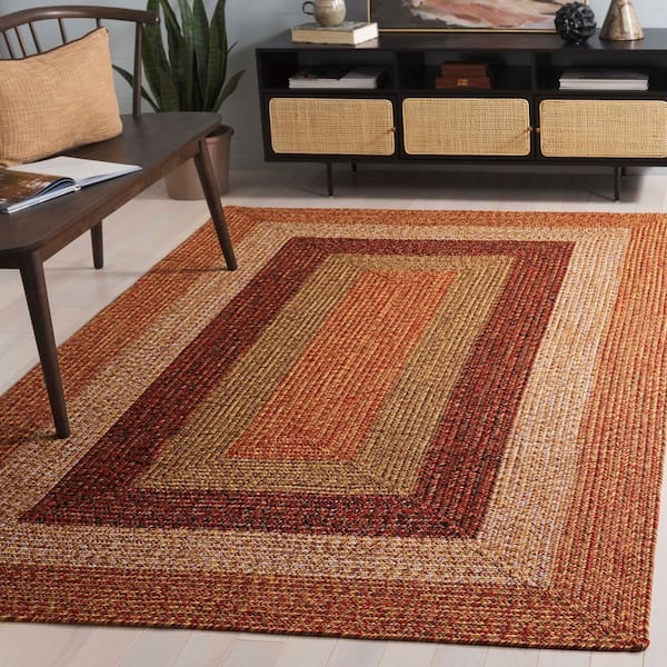 Braided Rust/Red 5 ft. x 5 ft. Machine Washable Solid Striped Border Square Area Rug