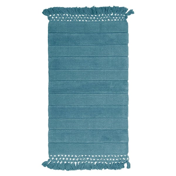 French Connection Safira Fringe Cotton Dusty Blue 20 in. x 56 in. Cotton Bath Rug