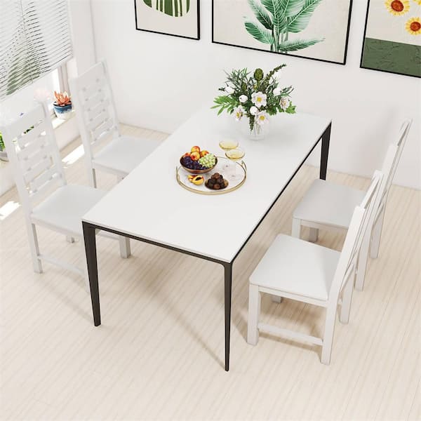 Farmhouse White Dining Chair Set of 4 with 100% Rubber Wood Frame and Hollowed High