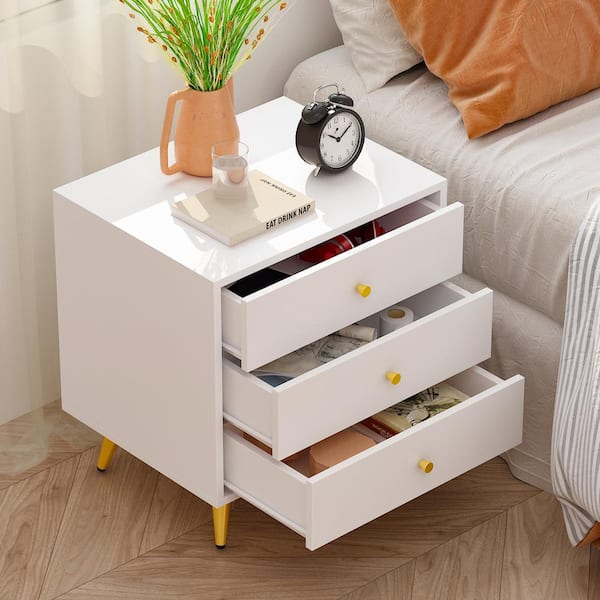 3-Drawer White Nightstands With Metal Legs, Side Table Bedside Table 21.3 in. H x 19.7 in. W x 15.7 in. D