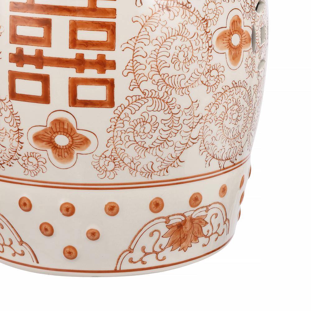 18" Orange and White Ceramic Chinoiserie Drum Garden Stool