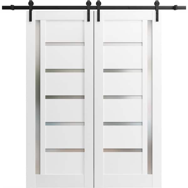 Assemble Required 28 in. x 96 in. 2 Panel Frosted Glass White Solid Wood Sliding Barn Door with Hardware Kit