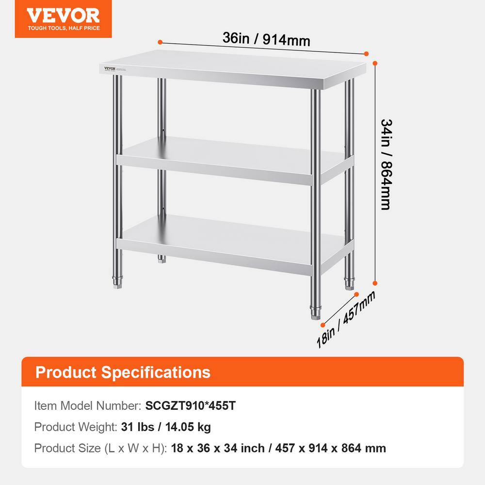 VEVOR 18 x 36 x 34 Inch Stainless Steel Kitchen Work Table with Adjustable Shelves