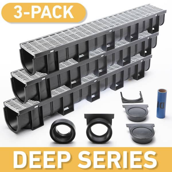 U.S. TRENCH DRAIN Deep Series 5.4 in. W x 5.4 in. D 39.4 in. L Plastic Trench and Channel Drain Kit with Galvanized Steel Grate (3-Pack)