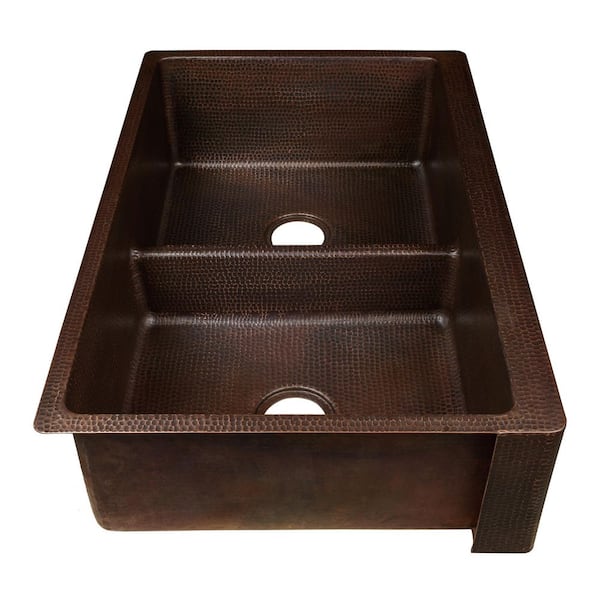Dual Mount Copper 33 in. 50/50 Kitchen Farmhouse Apron Sink with Short Divide in Oil Rubbed Bronze