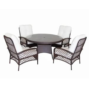5-Piece Wicker Outdoor Dining Set with White Cushion, 53.1 in. Round Table - Armchair Chair