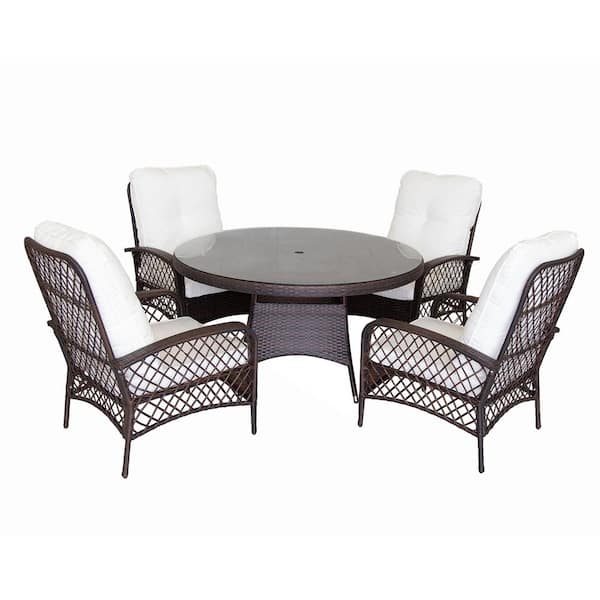 PATIOPTION 5-Piece Wicker Outdoor Dining Set with White Cushion, 53.1 in. Round Table - Armchair Chair