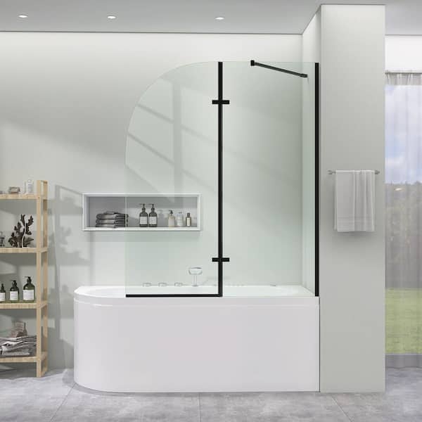 Zeafive 48 in. W x 58 in. H Pivot Hinged Bath Tub Door for Shower in Matte Black with Clear Glass Swing Bathtub Screen