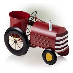 11 in. Tall Indoor/Outdoor Metal Tractor Flower Planter with Stand, Red