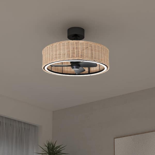 Kalani 24 in. Indoor Black and Rattan 8 Steps CCT 18.7 in. Integrated LED Ceiling Fan with Remote Included