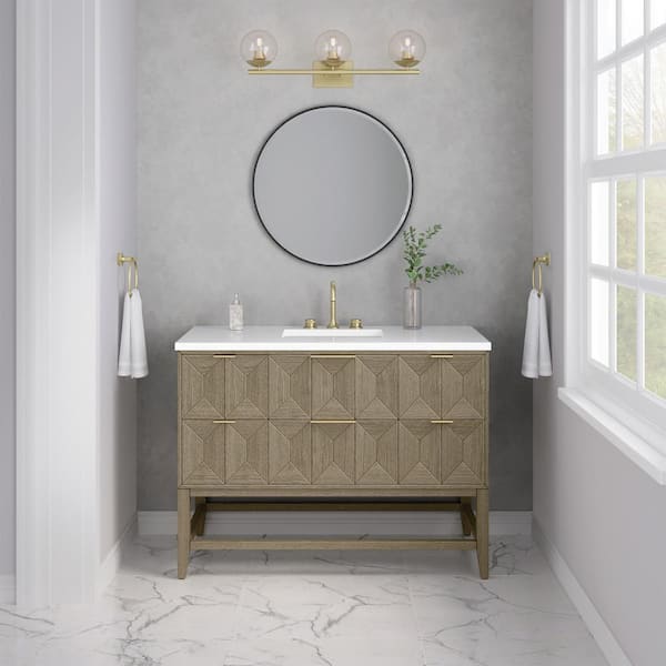 James Martin Vanities Emmeline 48.0 in. W x 23.5 in. D x 36 in. H Single Bathroom Vanity Pebble Oak and White Zeus Quartz Top